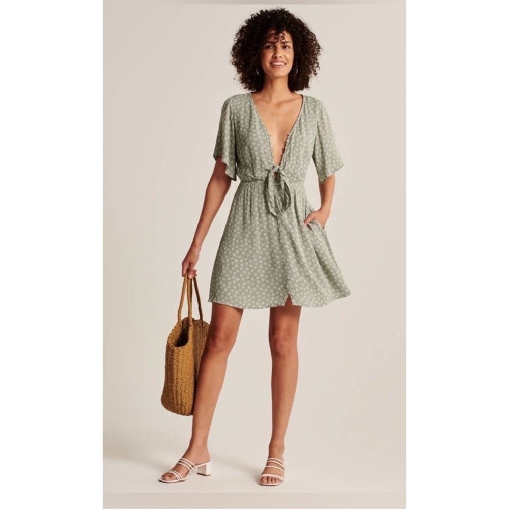 Abercrombie and Fitch XS Olive Ditsy Floral Tie Front Dress Cottage Boho Y2K